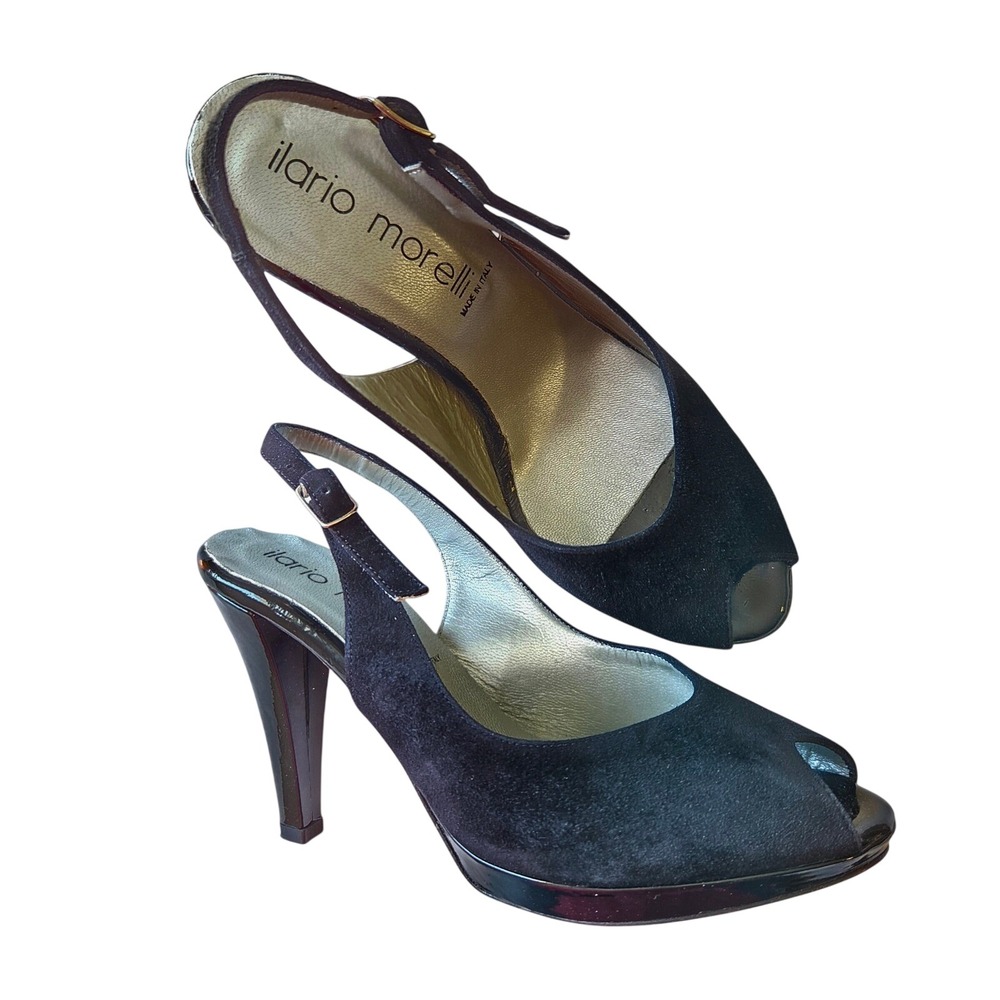 Ilario Morelli Black Suede Peep Toe Slingback Platform Heels Made Italy Size 36